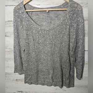 EILEEN FISHER Sweater M Linen Blend Open Knit 3/4 Sleeve Pullover Sparkle Silver